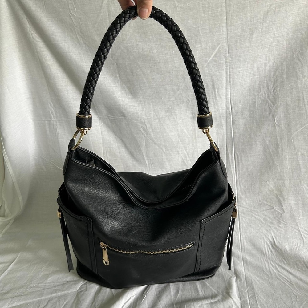 Black Braided-Handle Shoulder Hobo Bag with Front Zip Pocket